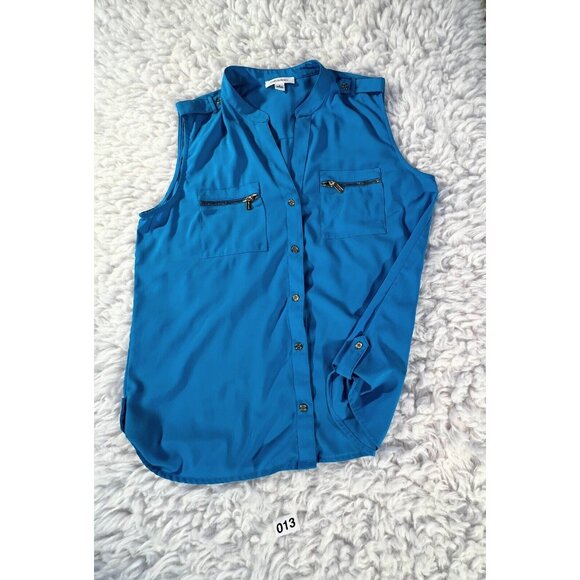 Calvin Klein Blouse Womens Lg Turquiose Blue Pockets Button Sleeveless Stretch - Picture 5 of 8